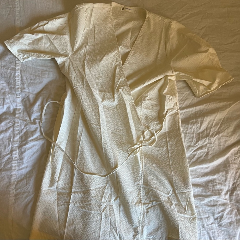Everlane Seersucker Mini Wrap Dress in Bone